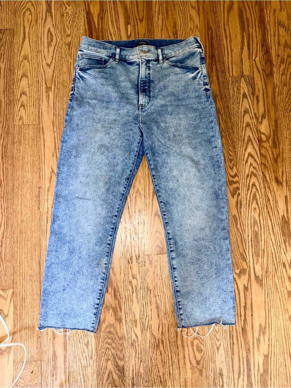 Express Super High Rise Mom Jean Light Acid Wash Raw Hem